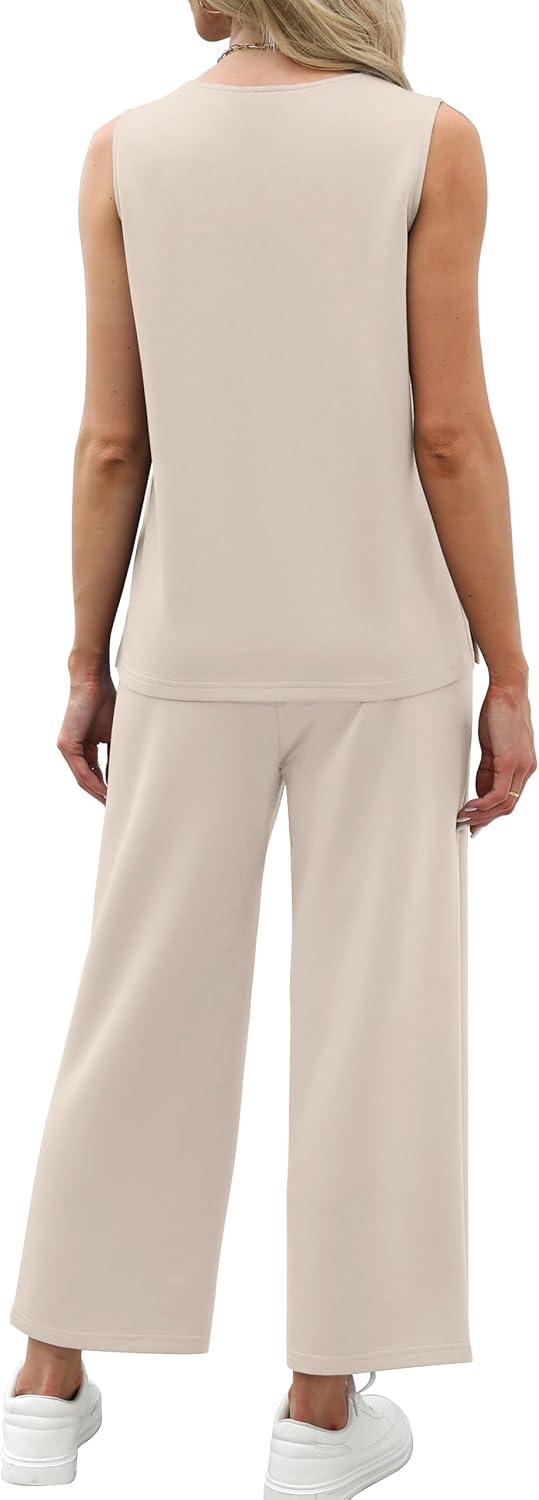 imageXIEERDUO Two Piece Sets for Women Summer Vacation Travel Outfits V Neck Lounge Matching SetsBeige