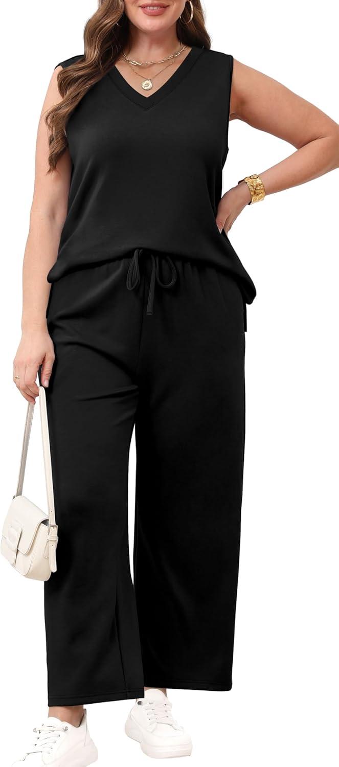 imageXIEERDUO Two Piece Sets for Women Summer Vacation Travel Outfits V Neck Lounge Matching SetsBlack