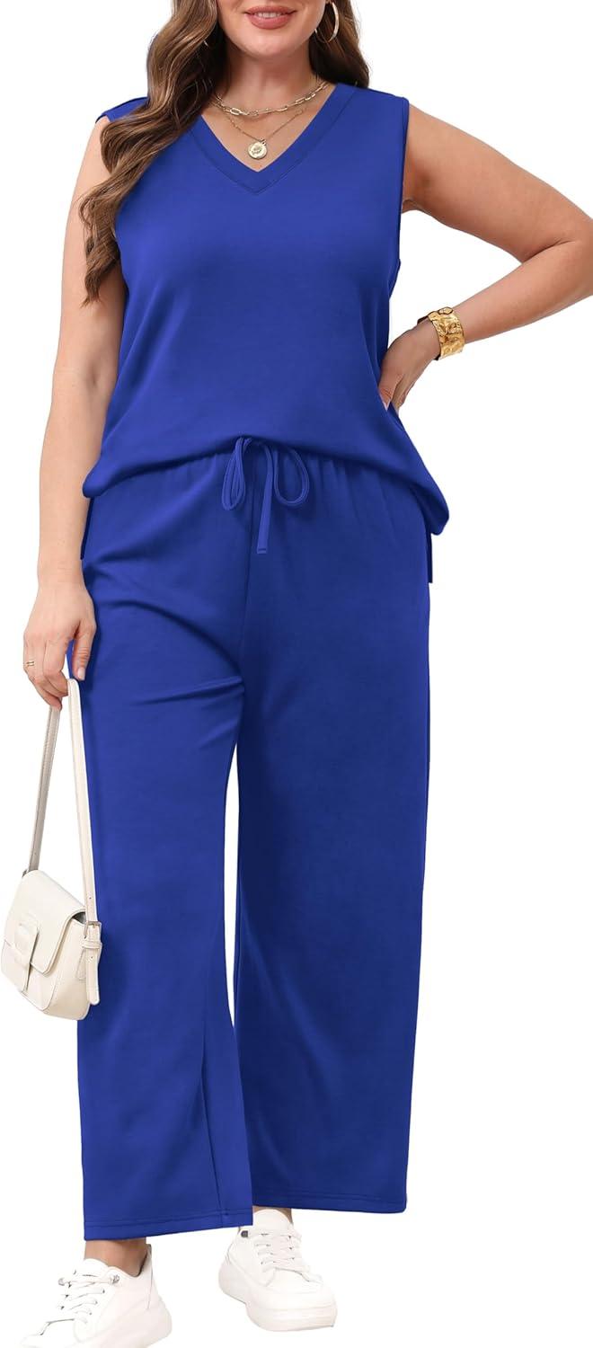 imageXIEERDUO Two Piece Sets for Women Summer Vacation Travel Outfits V Neck Lounge Matching SetsBlue