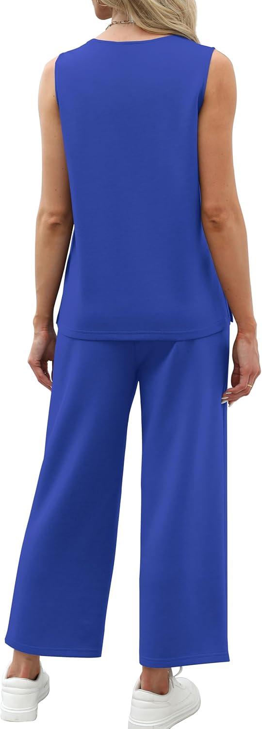 imageXIEERDUO Two Piece Sets for Women Summer Vacation Travel Outfits V Neck Lounge Matching SetsBlue