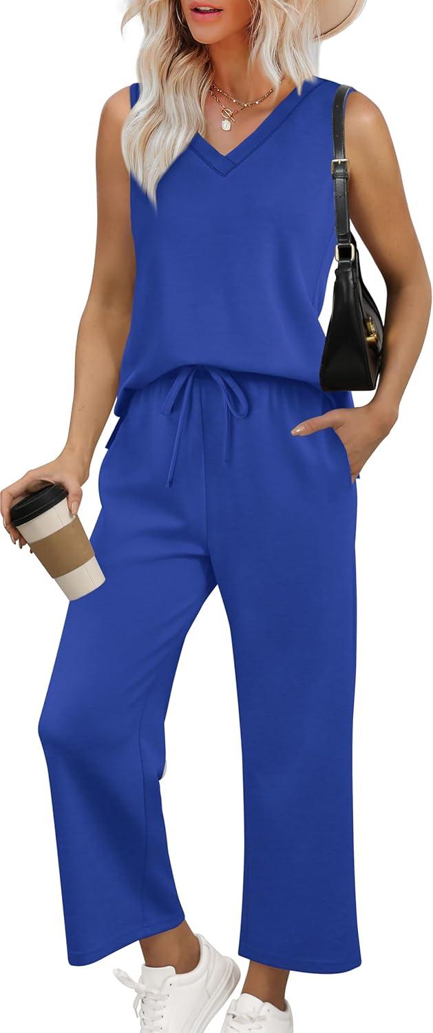imageXIEERDUO Two Piece Sets for Women Summer Vacation Travel Outfits V Neck Lounge Matching SetsBlue