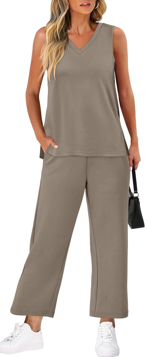 imageXIEERDUO Two Piece Sets for Women Summer Vacation Travel Outfits V Neck Lounge Matching SetsBrown