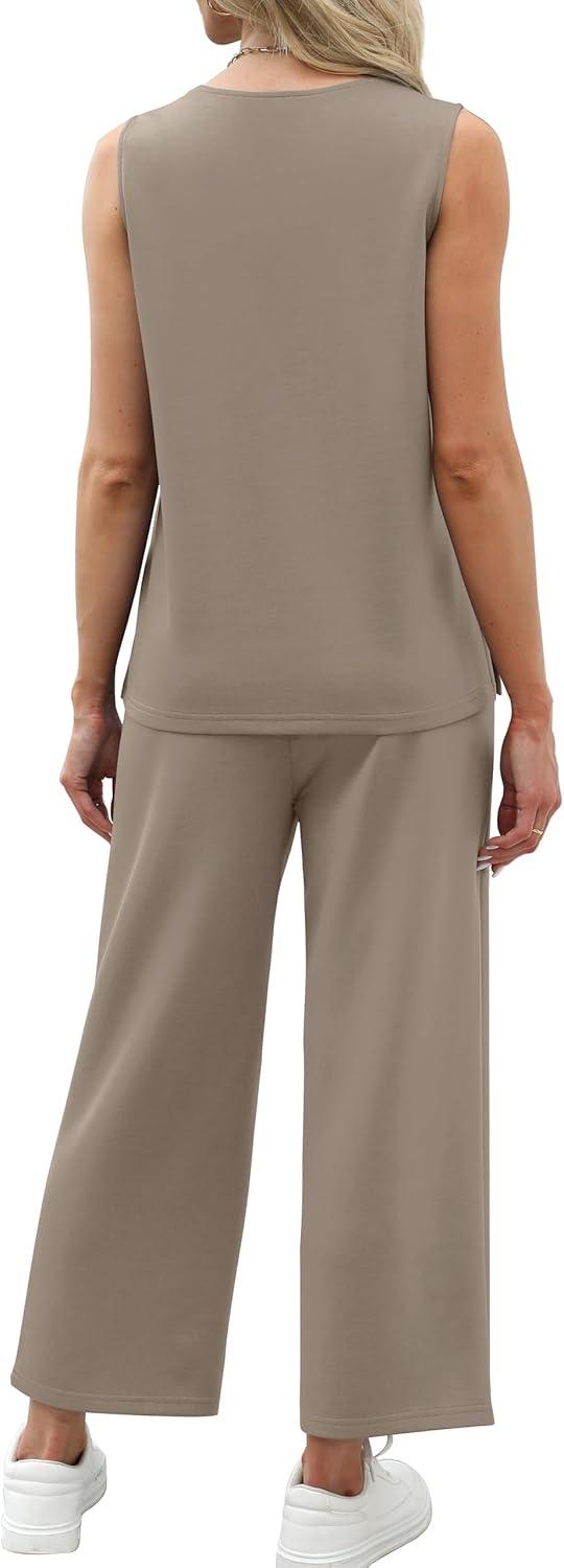 imageXIEERDUO Two Piece Sets for Women Summer Vacation Travel Outfits V Neck Lounge Matching SetsBrown