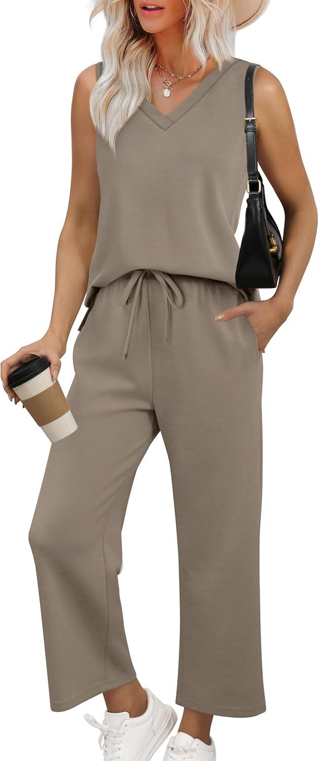 imageXIEERDUO Two Piece Sets for Women Summer Vacation Travel Outfits V Neck Lounge Matching SetsBrown