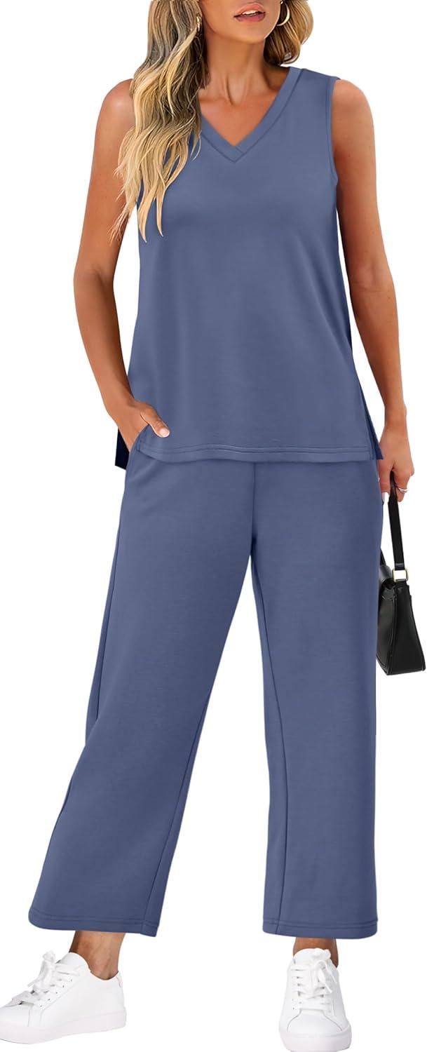 imageXIEERDUO Two Piece Sets for Women Summer Vacation Travel Outfits V Neck Lounge Matching SetsDusty Blue