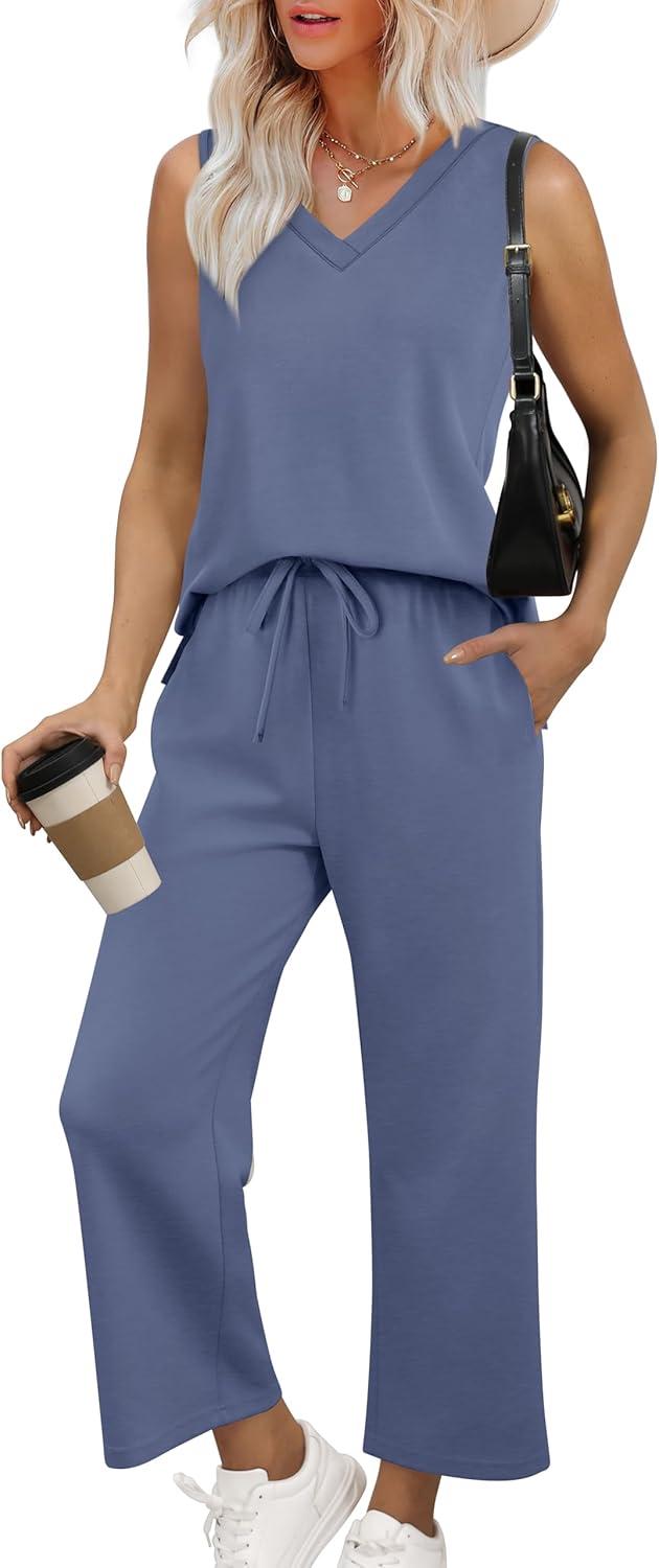 imageXIEERDUO Two Piece Sets for Women Summer Vacation Travel Outfits V Neck Lounge Matching SetsDusty Blue