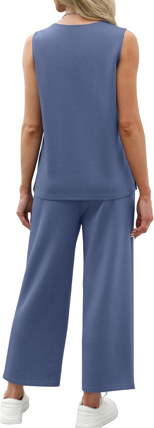 imageXIEERDUO Two Piece Sets for Women Summer Vacation Travel Outfits V Neck Lounge Matching SetsDusty Blue