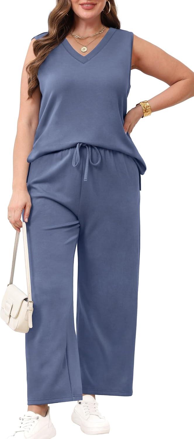 imageXIEERDUO Two Piece Sets for Women Summer Vacation Travel Outfits V Neck Lounge Matching SetsDusty Blue