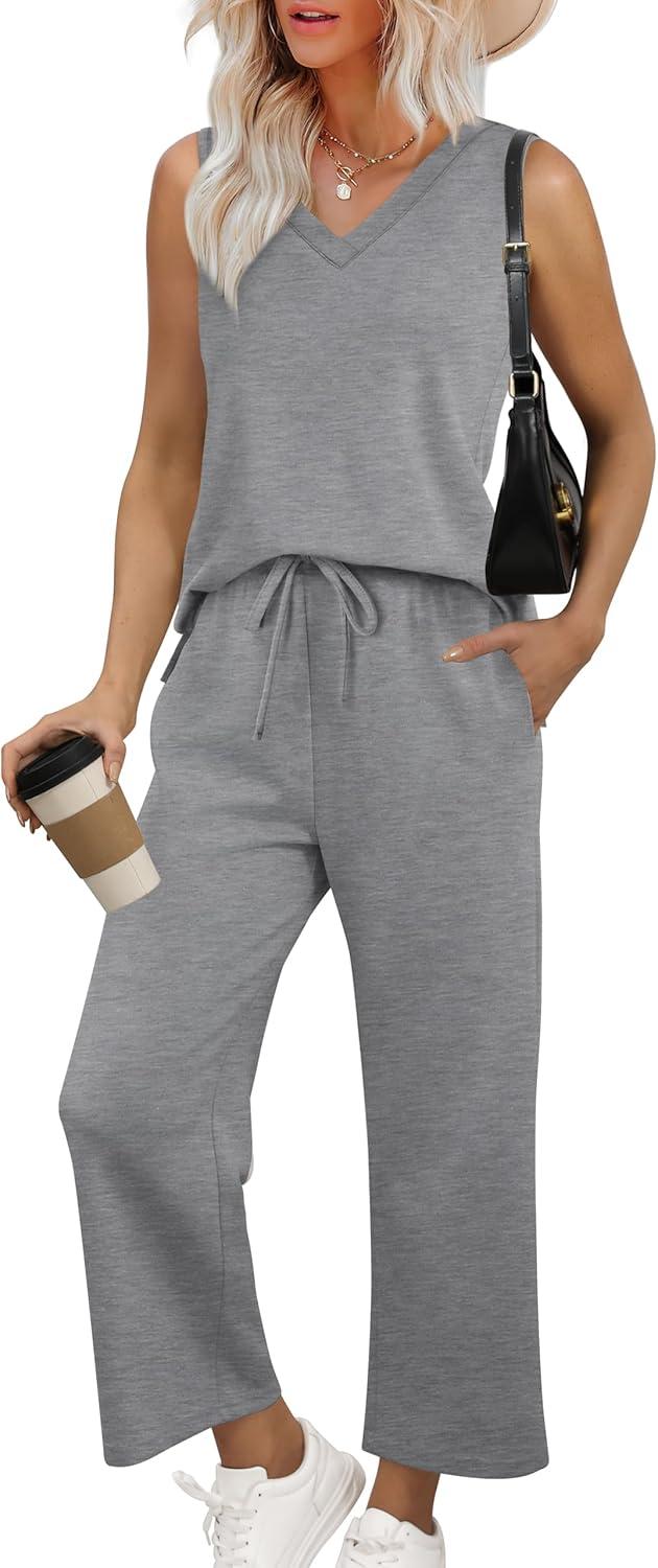 imageXIEERDUO Two Piece Sets for Women Summer Vacation Travel Outfits V Neck Lounge Matching SetsGray