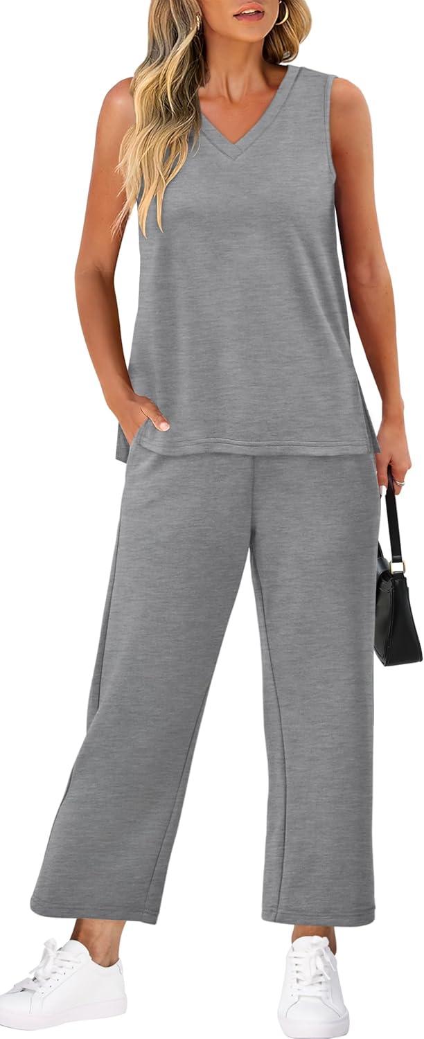 imageXIEERDUO Two Piece Sets for Women Summer Vacation Travel Outfits V Neck Lounge Matching SetsGray