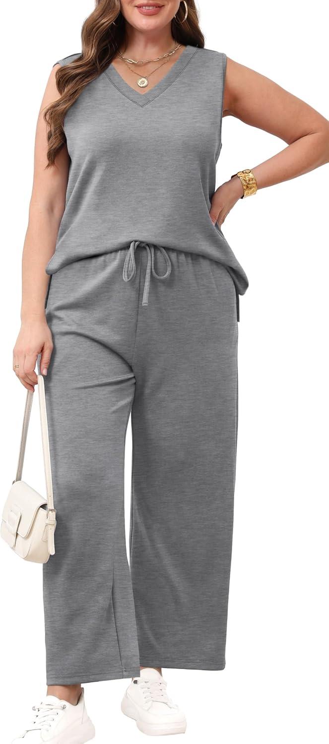 imageXIEERDUO Two Piece Sets for Women Summer Vacation Travel Outfits V Neck Lounge Matching SetsGray