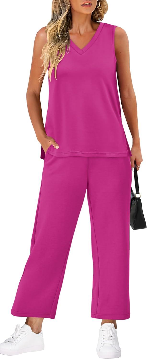 imageXIEERDUO Two Piece Sets for Women Summer Vacation Travel Outfits V Neck Lounge Matching SetsHot Pink