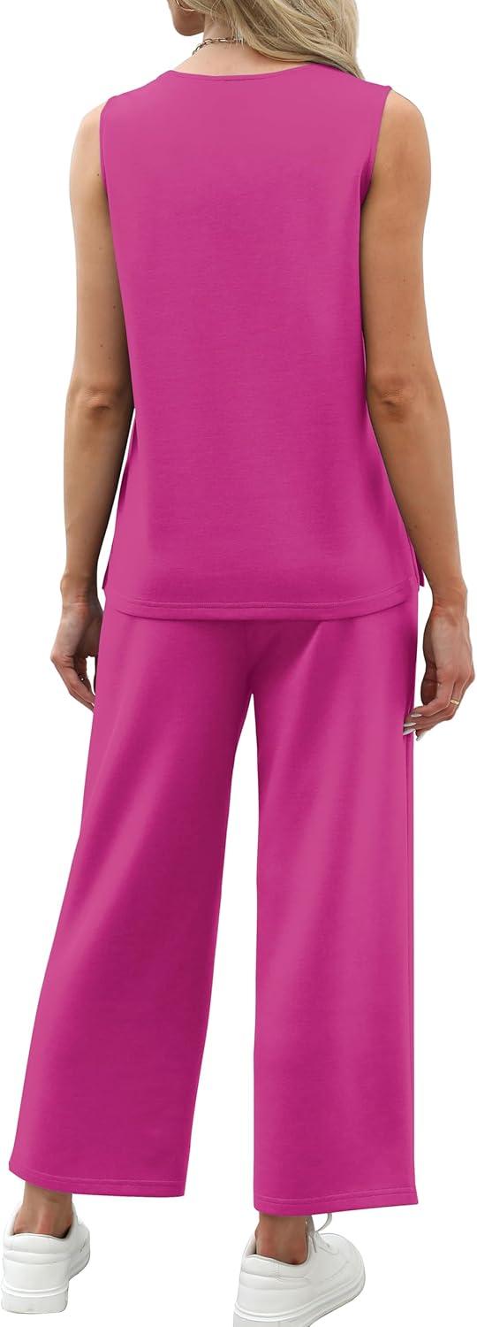 imageXIEERDUO Two Piece Sets for Women Summer Vacation Travel Outfits V Neck Lounge Matching SetsHot Pink