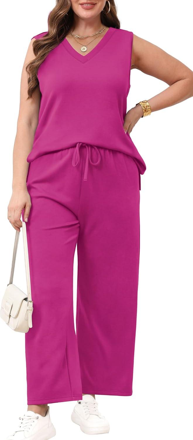 imageXIEERDUO Two Piece Sets for Women Summer Vacation Travel Outfits V Neck Lounge Matching SetsHot Pink