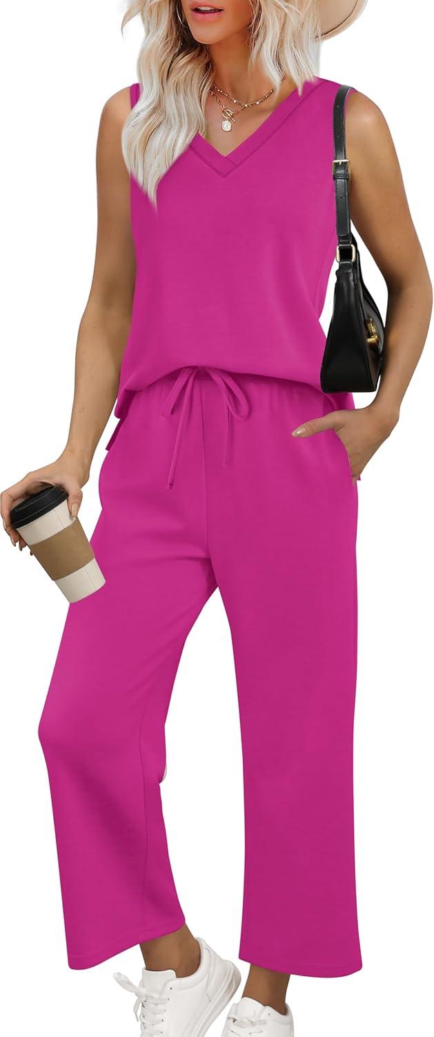 imageXIEERDUO Two Piece Sets for Women Summer Vacation Travel Outfits V Neck Lounge Matching SetsHot Pink