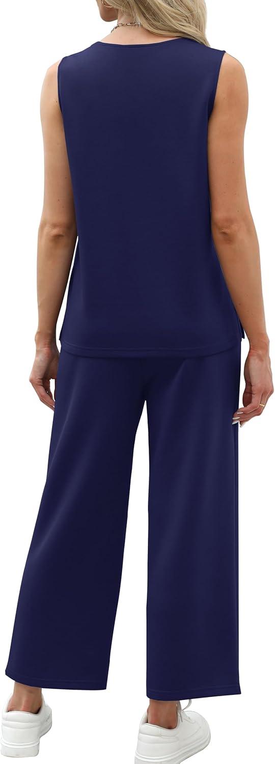 imageXIEERDUO Two Piece Sets for Women Summer Vacation Travel Outfits V Neck Lounge Matching SetsNavy Blue