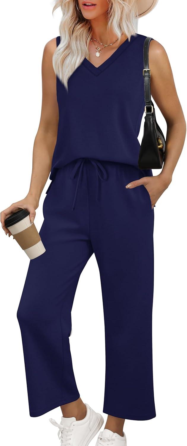 imageXIEERDUO Two Piece Sets for Women Summer Vacation Travel Outfits V Neck Lounge Matching SetsNavy Blue