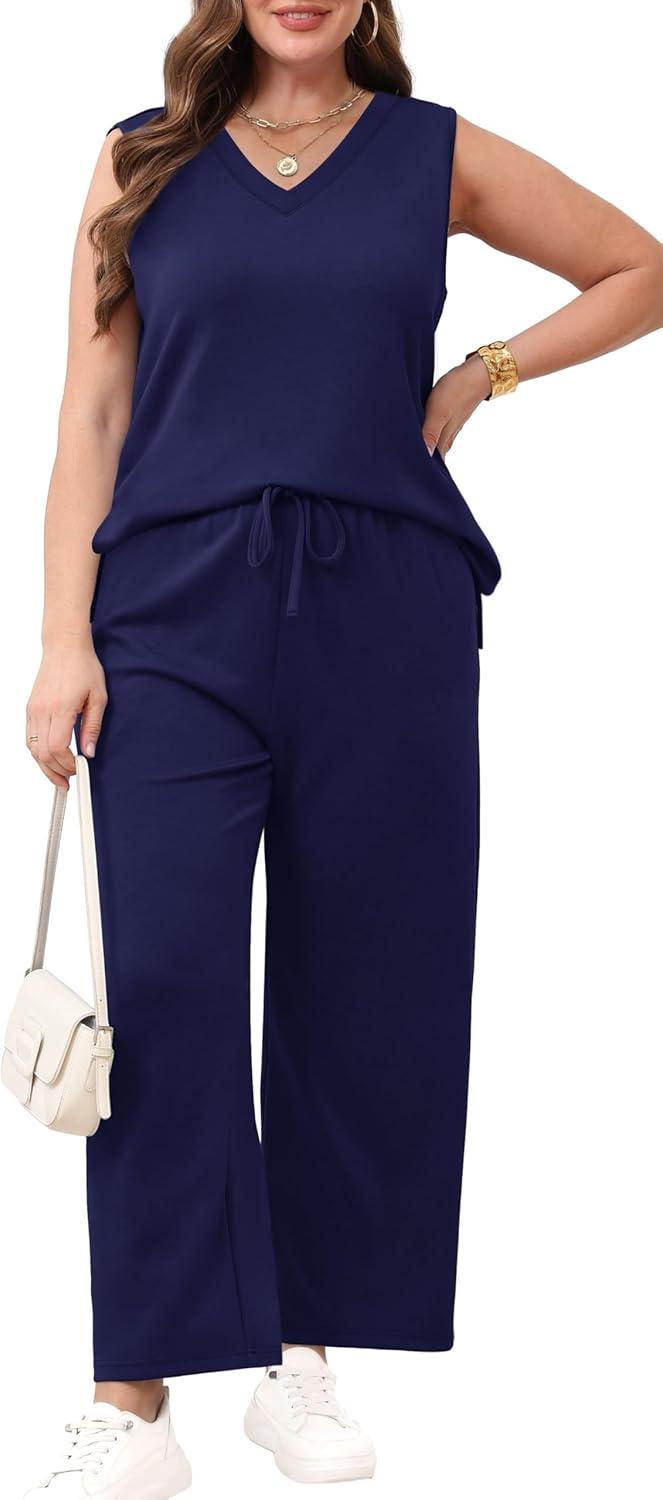 imageXIEERDUO Two Piece Sets for Women Summer Vacation Travel Outfits V Neck Lounge Matching SetsNavy Blue