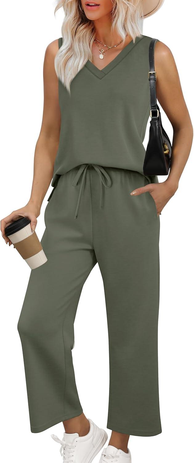 imageXIEERDUO Two Piece Sets for Women Summer Vacation Travel Outfits V Neck Lounge Matching SetsOlive Green
