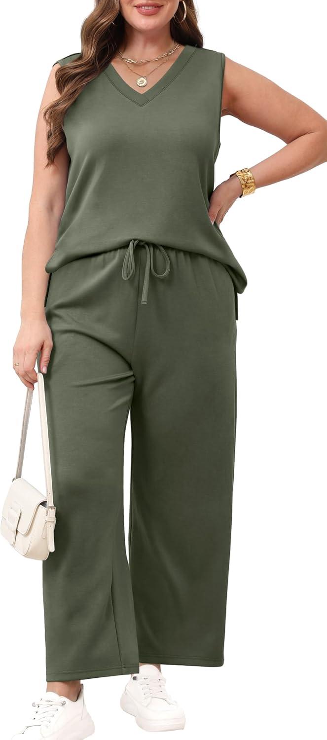 imageXIEERDUO Two Piece Sets for Women Summer Vacation Travel Outfits V Neck Lounge Matching SetsOlive Green