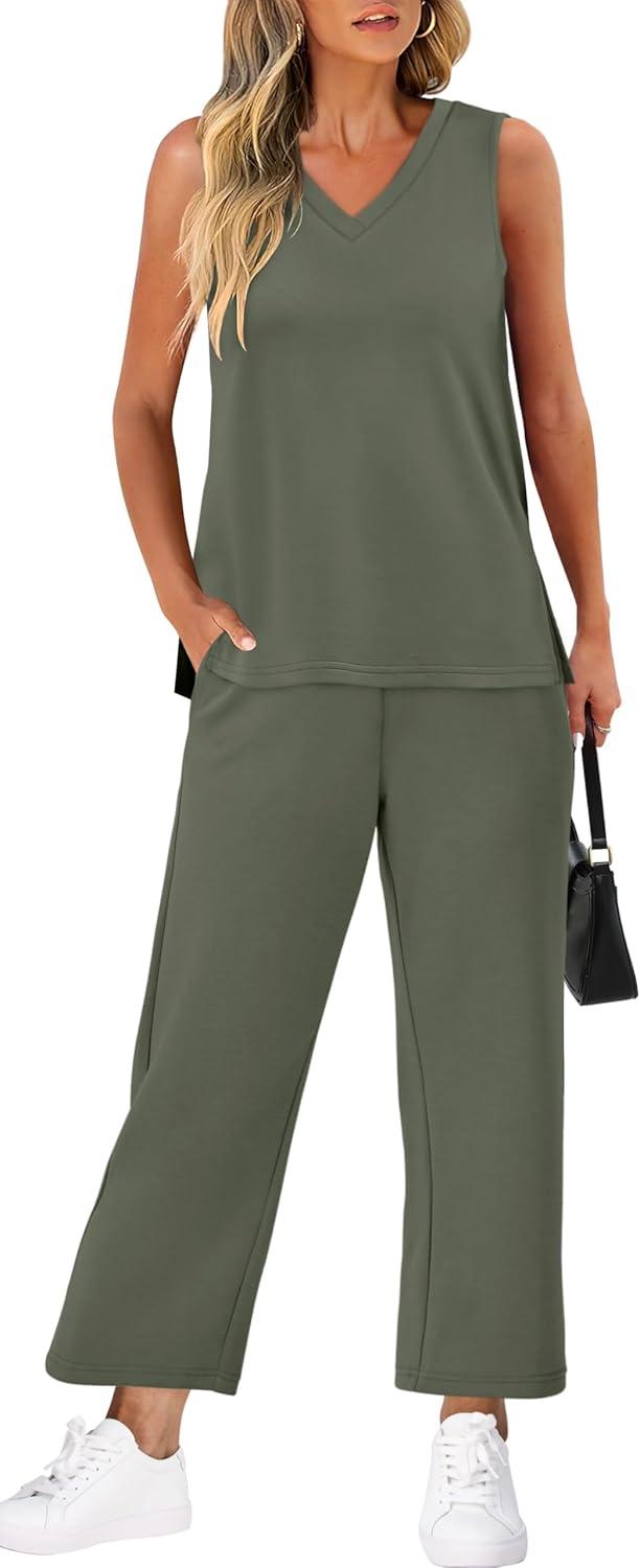 imageXIEERDUO Two Piece Sets for Women Summer Vacation Travel Outfits V Neck Lounge Matching SetsOlive Green
