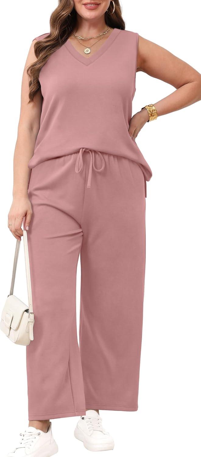 imageXIEERDUO Two Piece Sets for Women Summer Vacation Travel Outfits V Neck Lounge Matching SetsPink