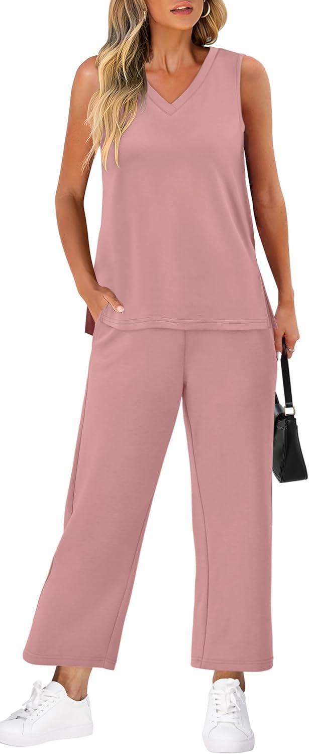 imageXIEERDUO Two Piece Sets for Women Summer Vacation Travel Outfits V Neck Lounge Matching SetsPink
