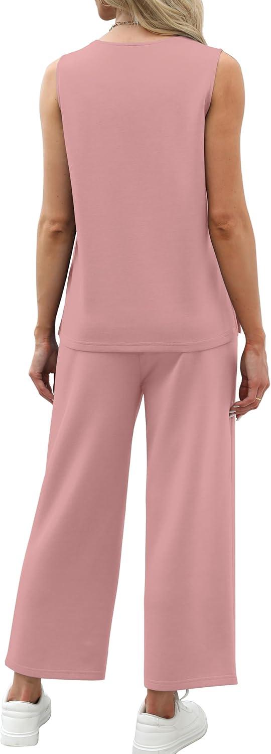 imageXIEERDUO Two Piece Sets for Women Summer Vacation Travel Outfits V Neck Lounge Matching SetsPink