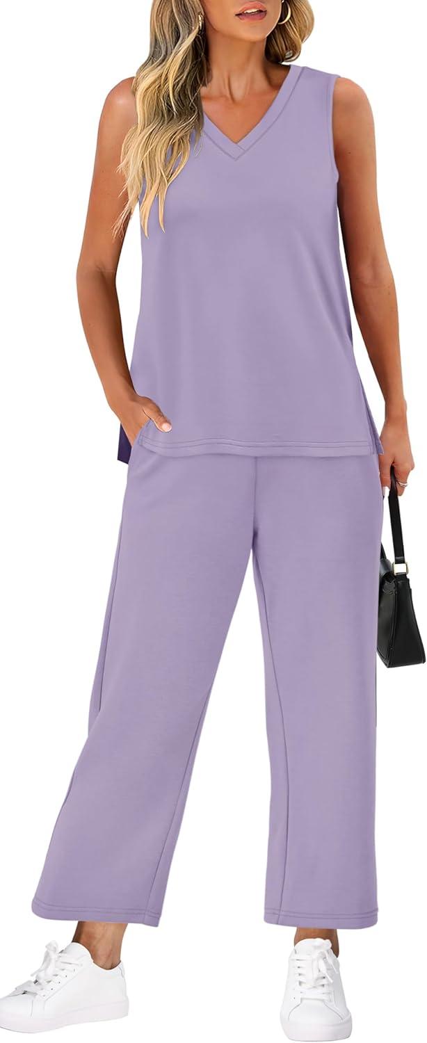 imageXIEERDUO Two Piece Sets for Women Summer Vacation Travel Outfits V Neck Lounge Matching SetsPurple