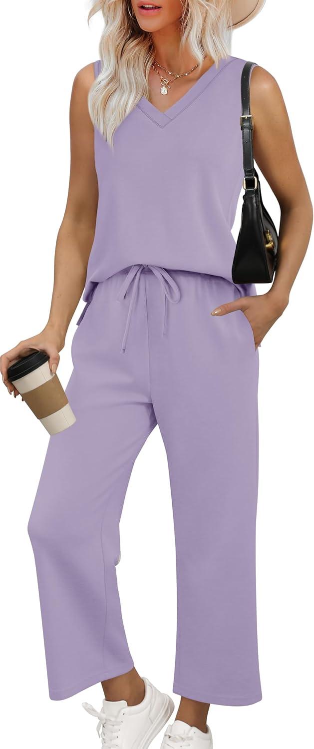 imageXIEERDUO Two Piece Sets for Women Summer Vacation Travel Outfits V Neck Lounge Matching SetsPurple
