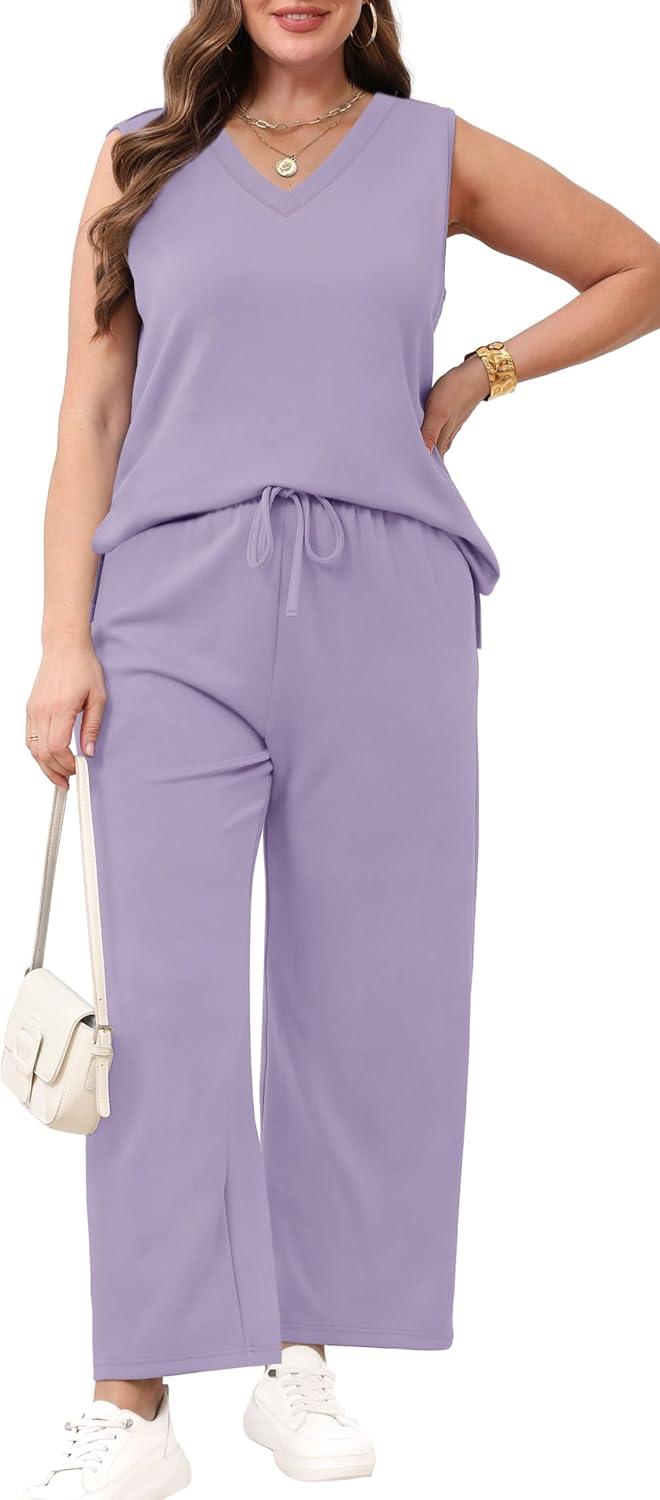 imageXIEERDUO Two Piece Sets for Women Summer Vacation Travel Outfits V Neck Lounge Matching SetsPurple