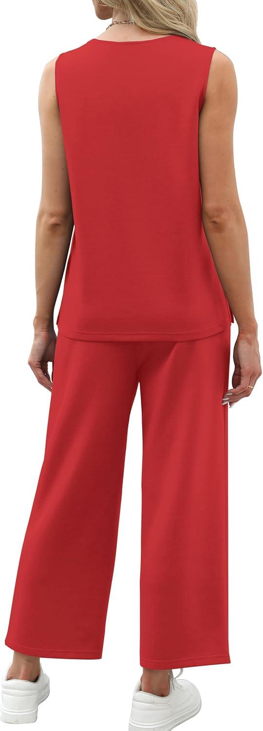 imageXIEERDUO Two Piece Sets for Women Summer Vacation Travel Outfits V Neck Lounge Matching SetsRed