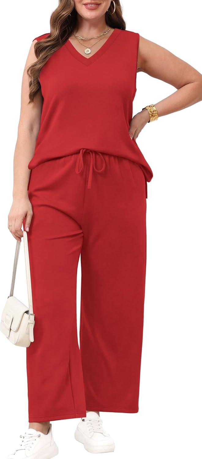 imageXIEERDUO Two Piece Sets for Women Summer Vacation Travel Outfits V Neck Lounge Matching SetsRed