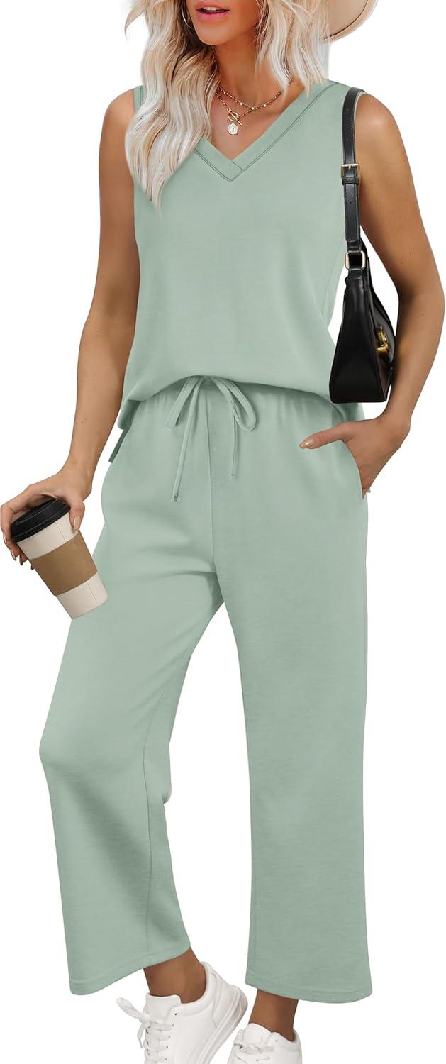 imageXIEERDUO Two Piece Sets for Women Summer Vacation Travel Outfits V Neck Lounge Matching SetsSage Green