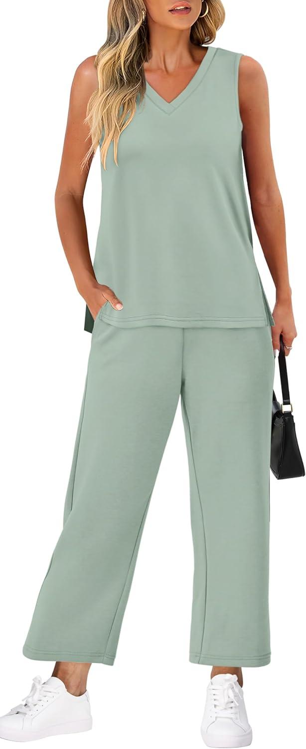 imageXIEERDUO Two Piece Sets for Women Summer Vacation Travel Outfits V Neck Lounge Matching SetsSage Green