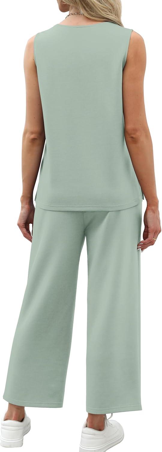 imageXIEERDUO Two Piece Sets for Women Summer Vacation Travel Outfits V Neck Lounge Matching SetsSage Green