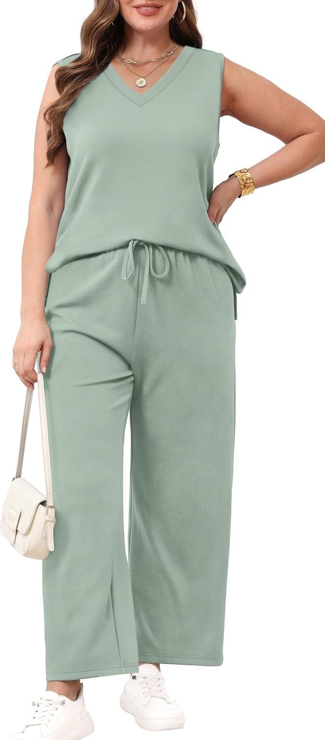 imageXIEERDUO Two Piece Sets for Women Summer Vacation Travel Outfits V Neck Lounge Matching SetsSage Green