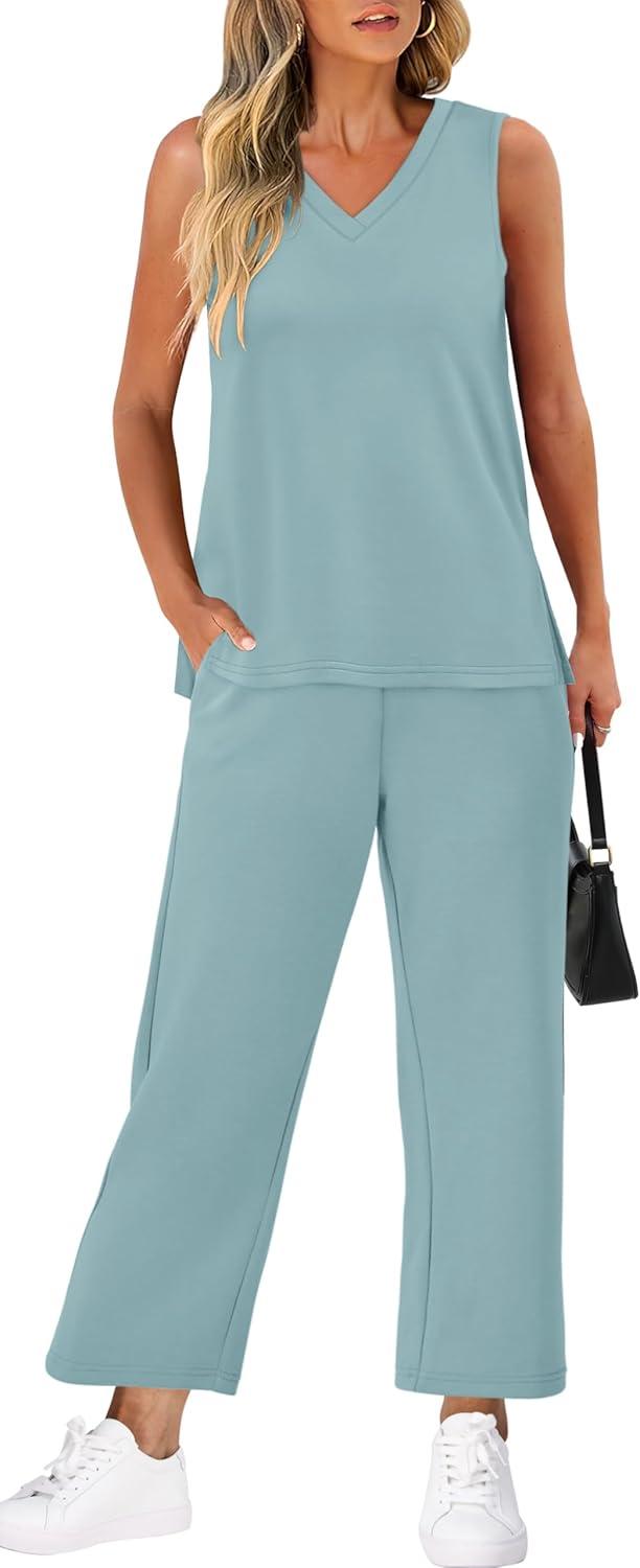 imageXIEERDUO Two Piece Sets for Women Summer Vacation Travel Outfits V Neck Lounge Matching SetsTurquoise