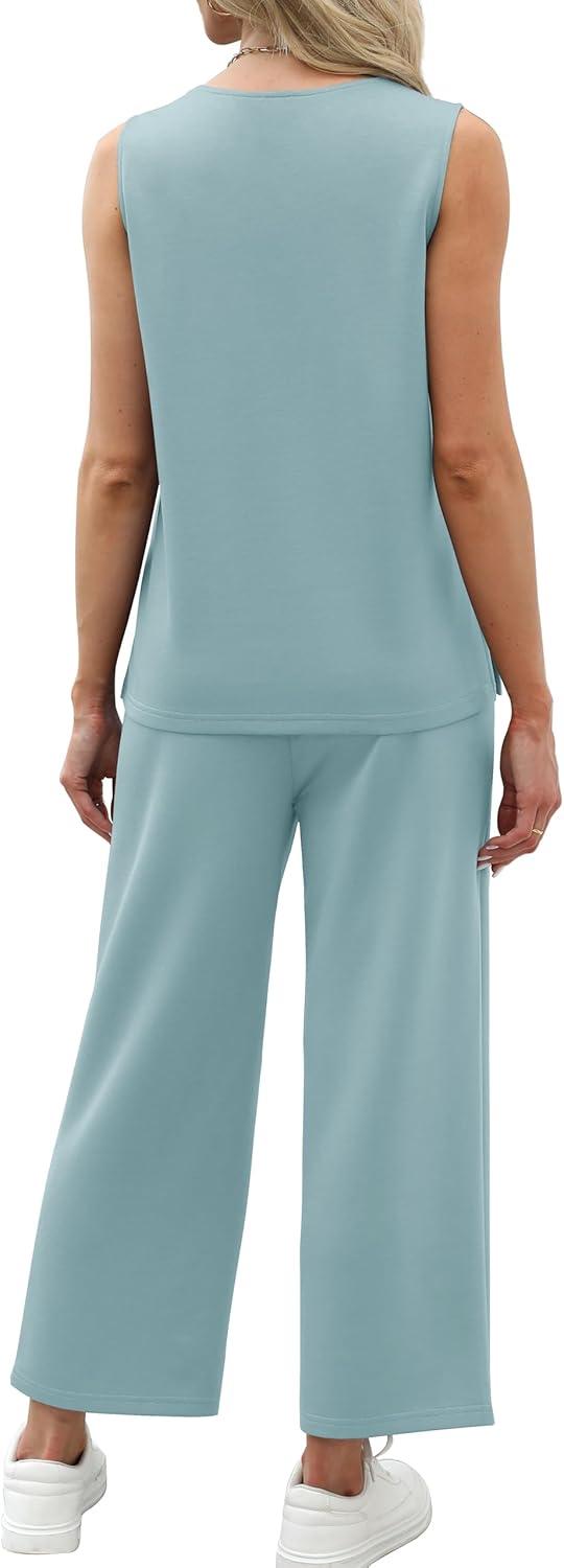 imageXIEERDUO Two Piece Sets for Women Summer Vacation Travel Outfits V Neck Lounge Matching SetsTurquoise