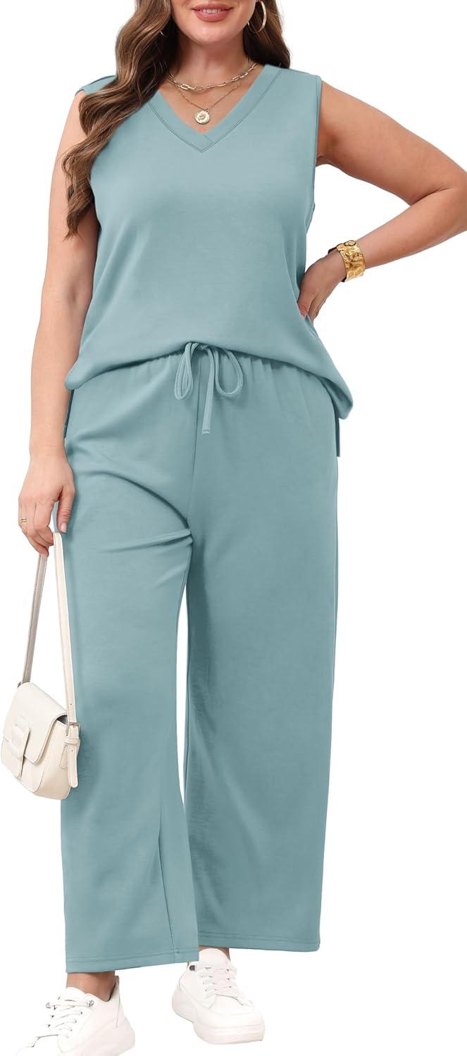 imageXIEERDUO Two Piece Sets for Women Summer Vacation Travel Outfits V Neck Lounge Matching SetsTurquoise