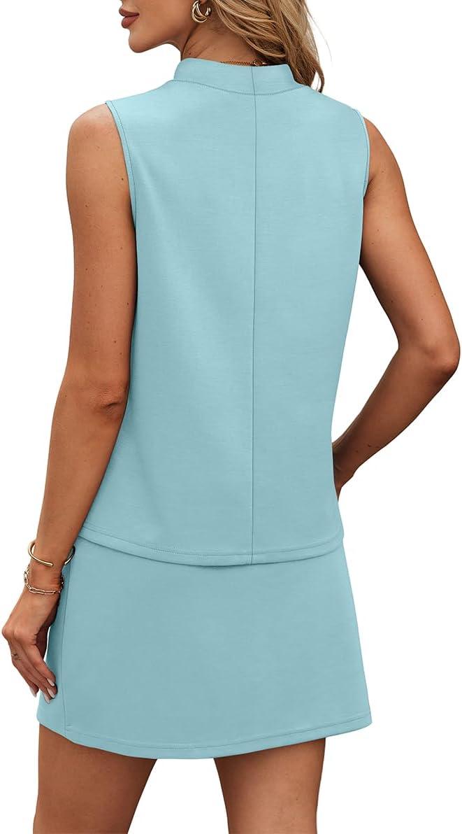 imageXIEERDUO Two Piece Skirt Sets for Women Summer Beach Vacation Outfits Mock Neck Tops Tennis Skirt Lounge Matching SetsAqua Blue