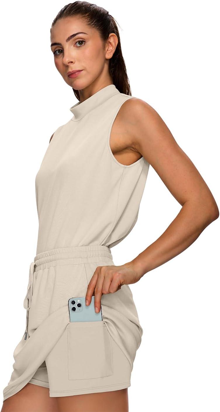 imageXIEERDUO Two Piece Skirt Sets for Women Summer Beach Vacation Outfits Mock Neck Tops Tennis Skirt Lounge Matching SetsBeige