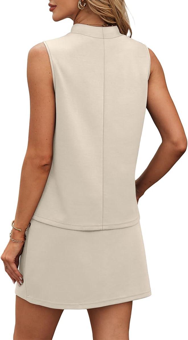 imageXIEERDUO Two Piece Skirt Sets for Women Summer Beach Vacation Outfits Mock Neck Tops Tennis Skirt Lounge Matching SetsBeige