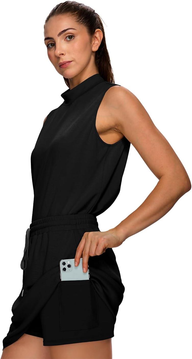 imageXIEERDUO Two Piece Skirt Sets for Women Summer Beach Vacation Outfits Mock Neck Tops Tennis Skirt Lounge Matching SetsBlack