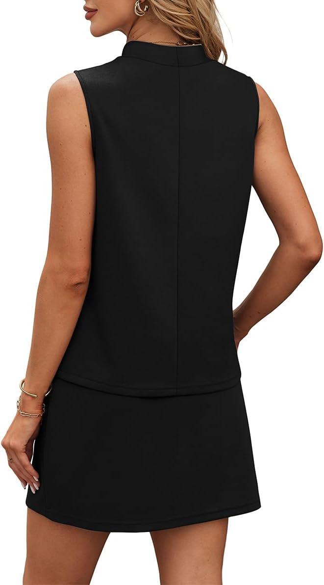 imageXIEERDUO Two Piece Skirt Sets for Women Summer Beach Vacation Outfits Mock Neck Tops Tennis Skirt Lounge Matching SetsBlack