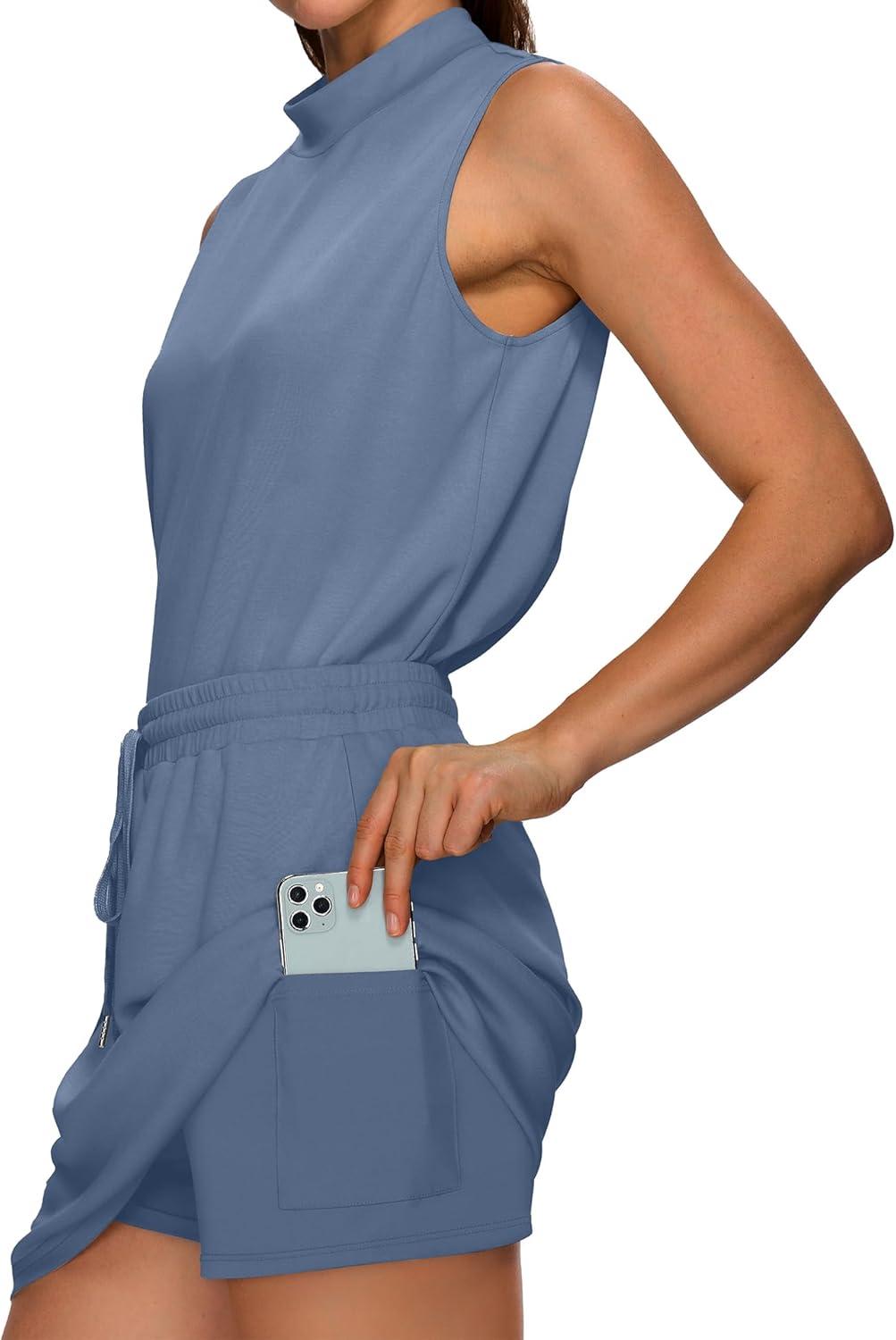 imageXIEERDUO Two Piece Skirt Sets for Women Summer Beach Vacation Outfits Mock Neck Tops Tennis Skirt Lounge Matching SetsBlue Grey