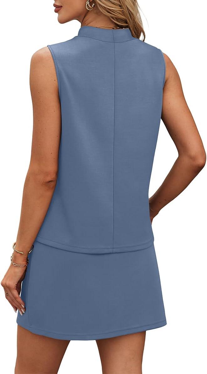 imageXIEERDUO Two Piece Skirt Sets for Women Summer Beach Vacation Outfits Mock Neck Tops Tennis Skirt Lounge Matching SetsBlue Grey