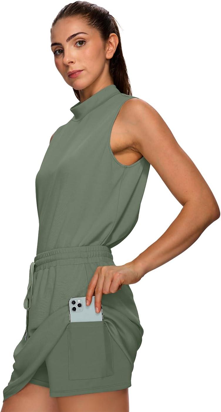 imageXIEERDUO Two Piece Skirt Sets for Women Summer Beach Vacation Outfits Mock Neck Tops Tennis Skirt Lounge Matching SetsGreen