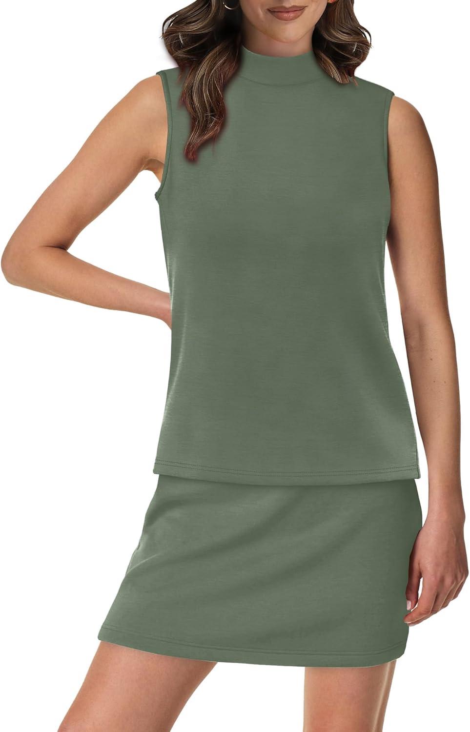 imageXIEERDUO Two Piece Skirt Sets for Women Summer Beach Vacation Outfits Mock Neck Tops Tennis Skirt Lounge Matching SetsGreen