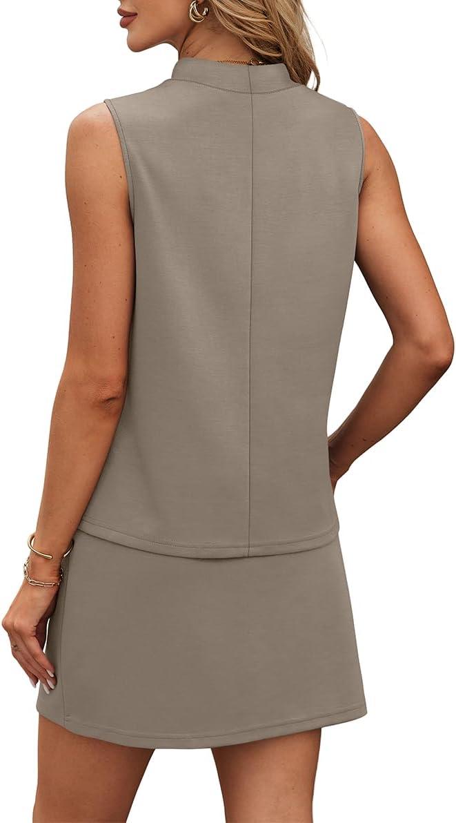 imageXIEERDUO Two Piece Skirt Sets for Women Summer Beach Vacation Outfits Mock Neck Tops Tennis Skirt Lounge Matching SetsGreen